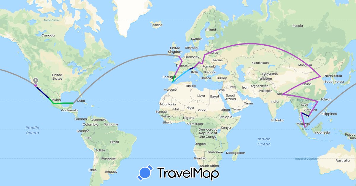 TravelMap itinerary: driving, bus, plane, train, boat in Austria, China, Spain, France, United Kingdom, Gibraltar, Hungary, Italy, Morocco, Mexico, Nepal, Poland, Russia, Singapore, Thailand, United States, Vietnam (Africa, Asia, Europe, North America)